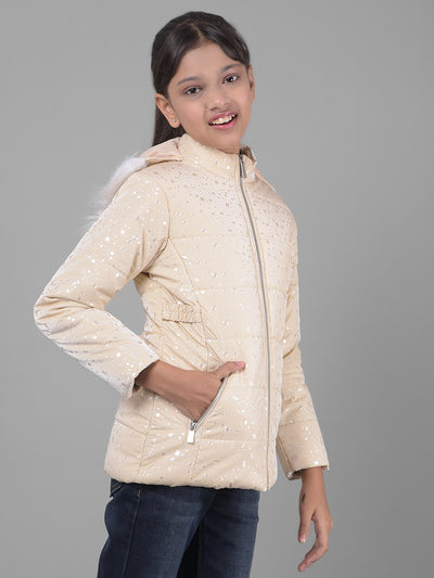 Cream Printed Puffer Jacket With Hood-Girls Jackets-Crimsoune Club