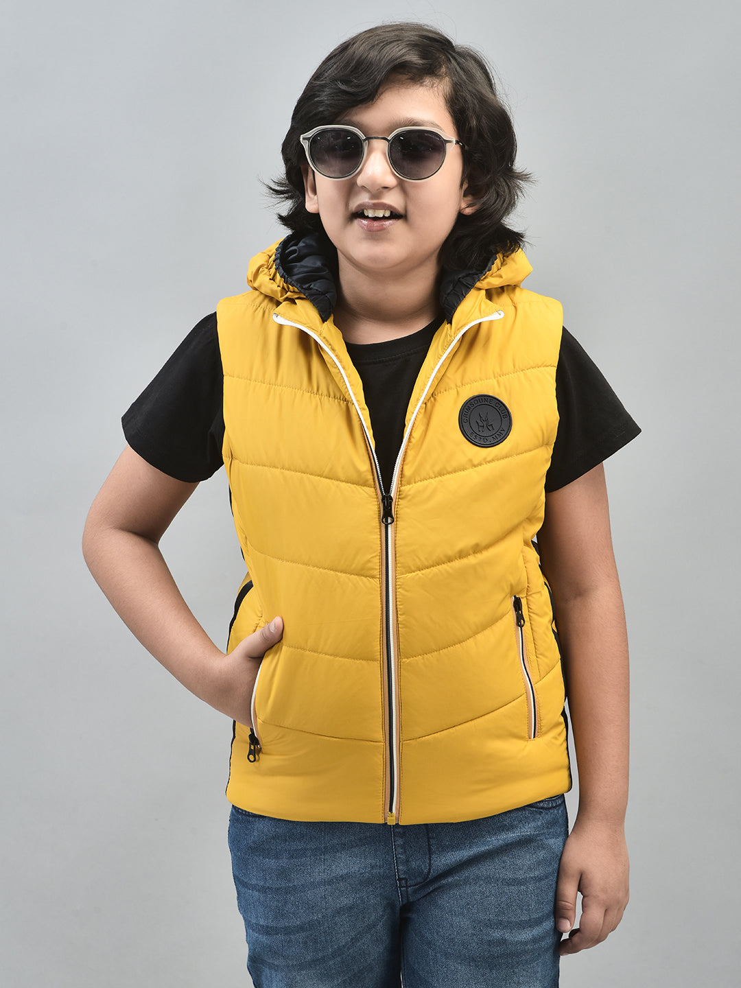 Yellow Sleeveless Hooded Puffer Jacket-Boys Jackets-Crimsoune Club