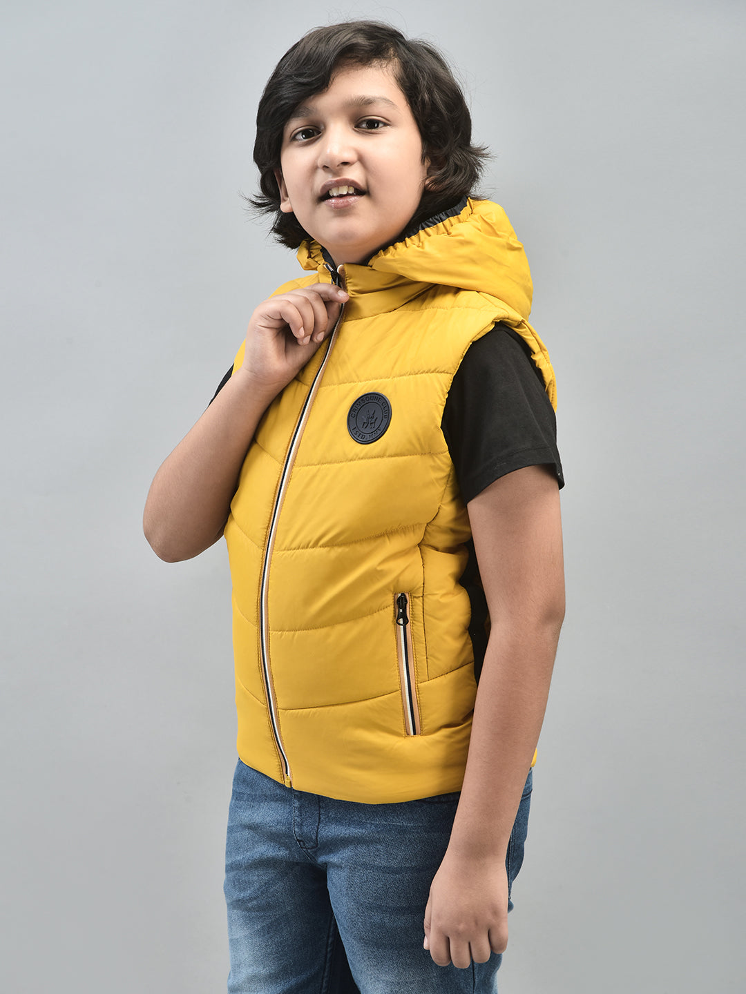 Yellow Sleeveless Hooded Puffer Jacket-Boys Jackets-Crimsoune Club