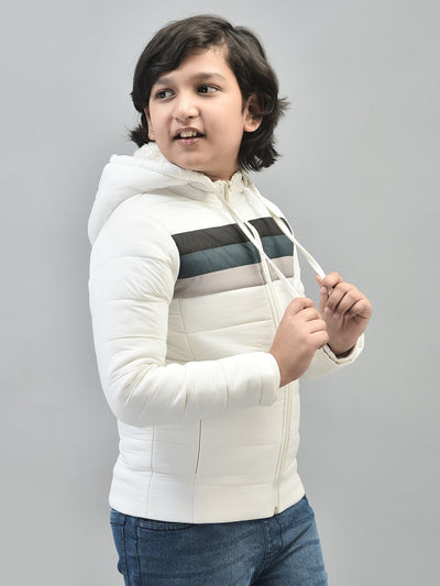 White Colourblocked Puffer Jacket With Hood-Boys Jackets-Crimsoune Club