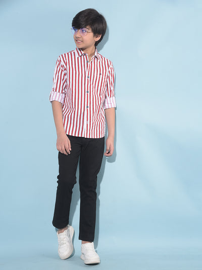 White Vertical Striped 100% Cotton Shirt-Boys Shirts-Crimsoune Club