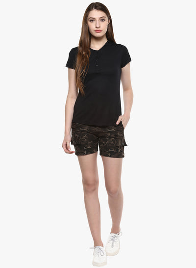 Black Camouflage Printed Shorts-Women Shorts-Crimsoune Club