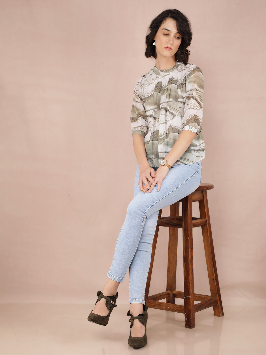 Olive Abstract Print Top