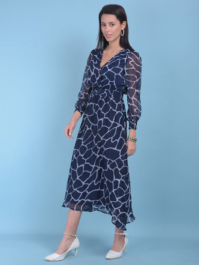 Navy Blue Abstract Print A-Line Dress-Women Dresses-Crimsoune Club