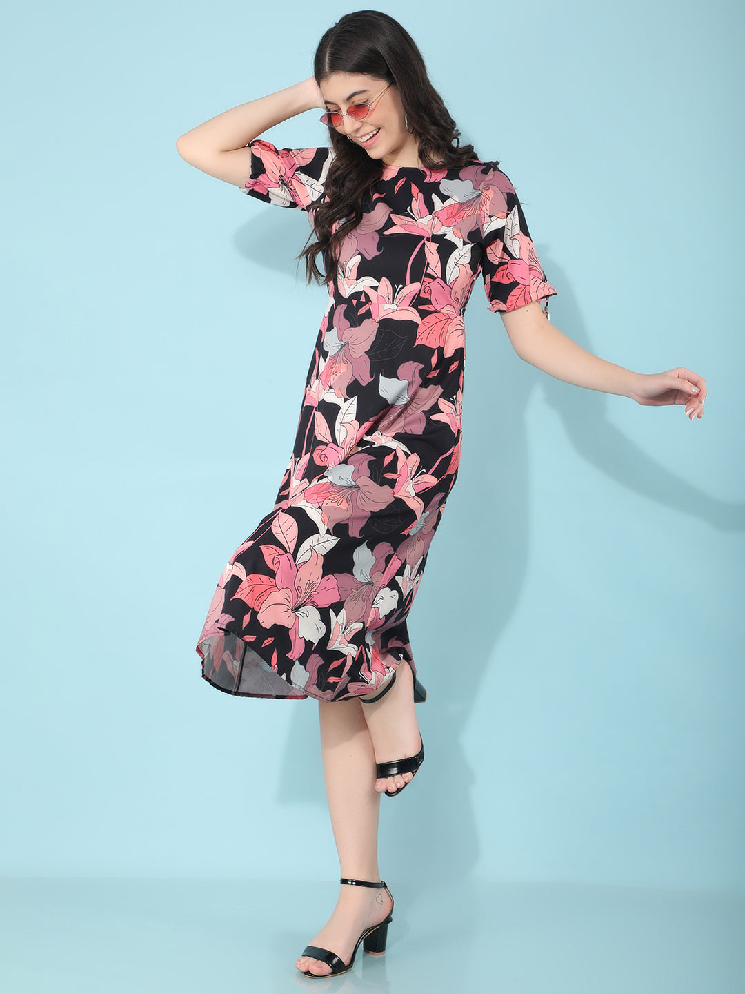 Black Floral Print A-Line Dress โ Crimsoune Club