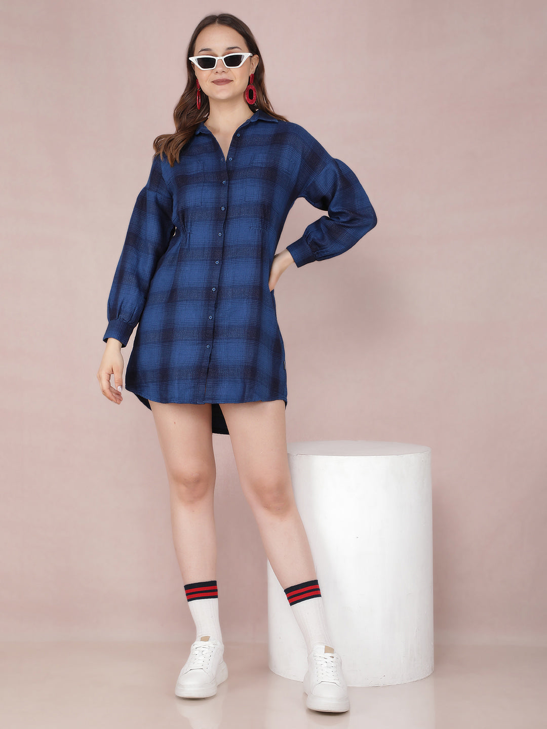 Navy Blue Checked 100% Cotton Mini Shirt Dress Navy Blue Checked 100% Cotton Mini Shirt Dress