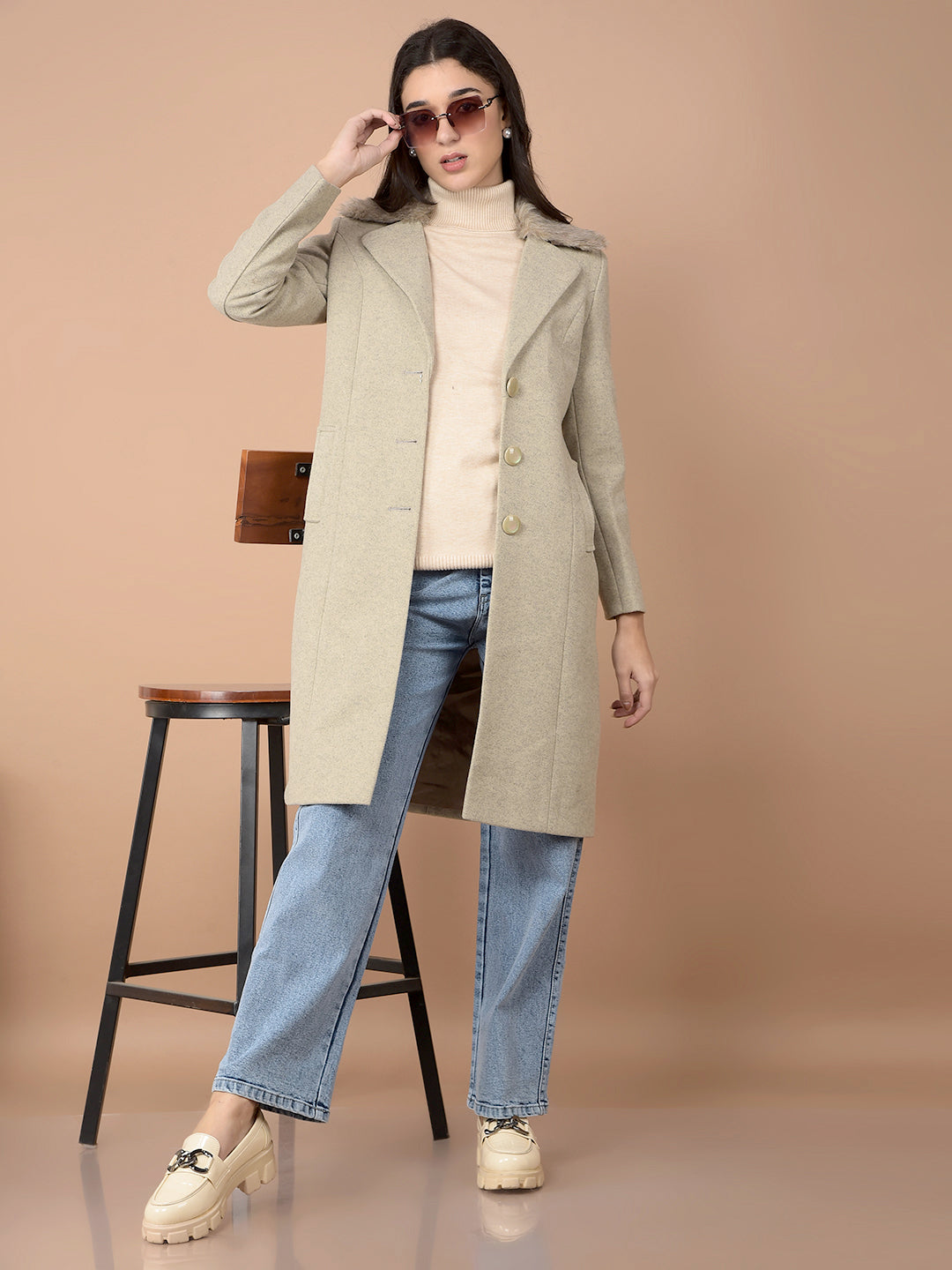 Beige Knee-Length Overcoat