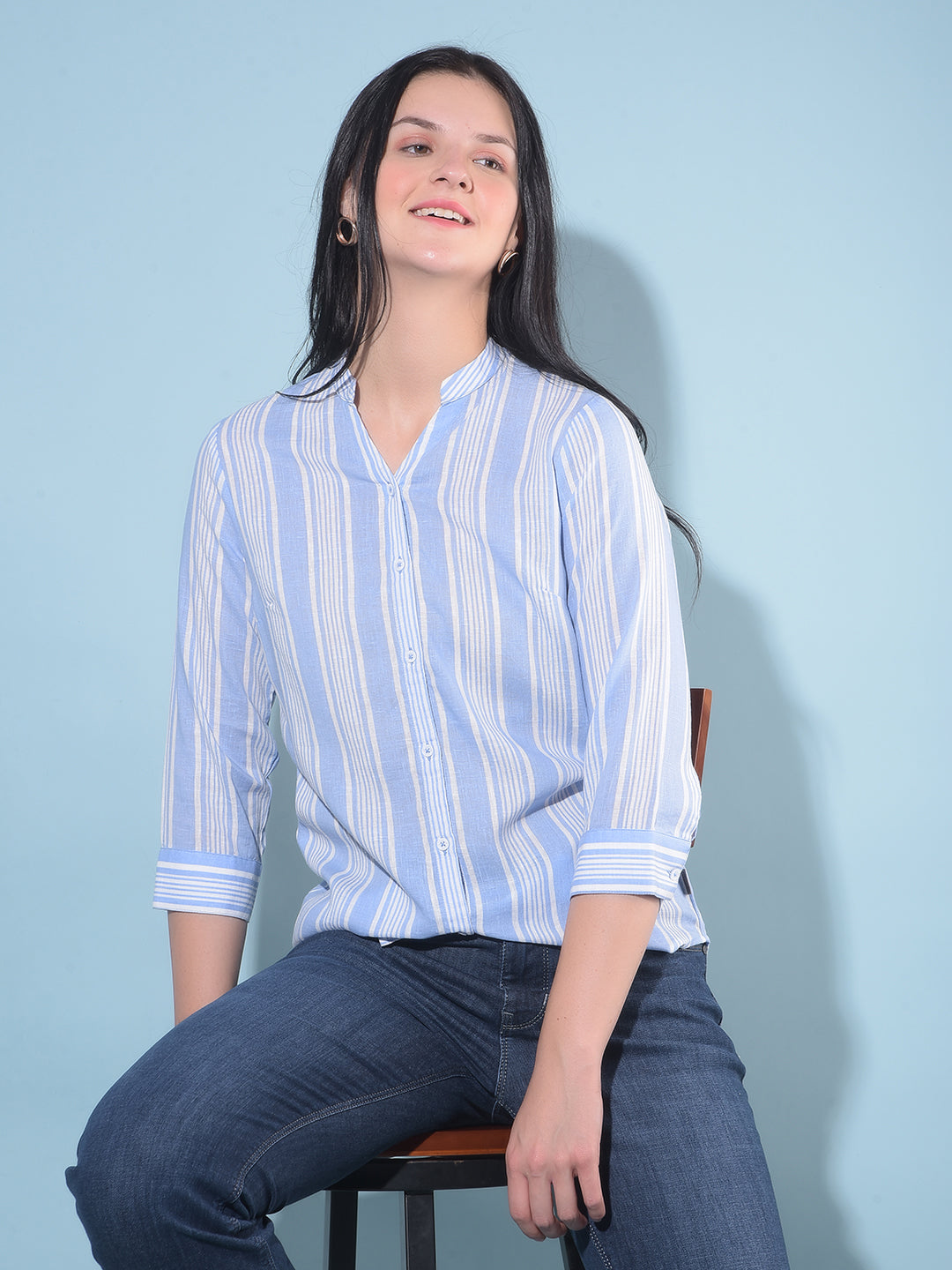 Blue Vertical Striped Shirt-Women Shirts-Crimsoune Club