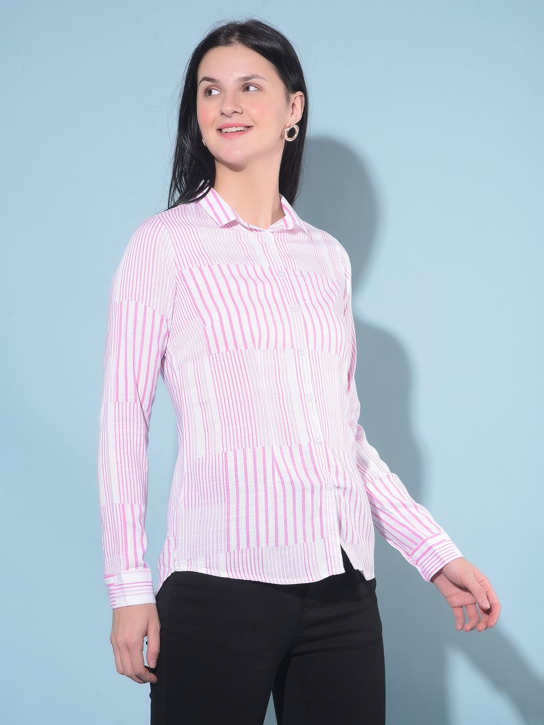 Pink Vertical Striped Shirt-Women Shirts-Crimsoune Club