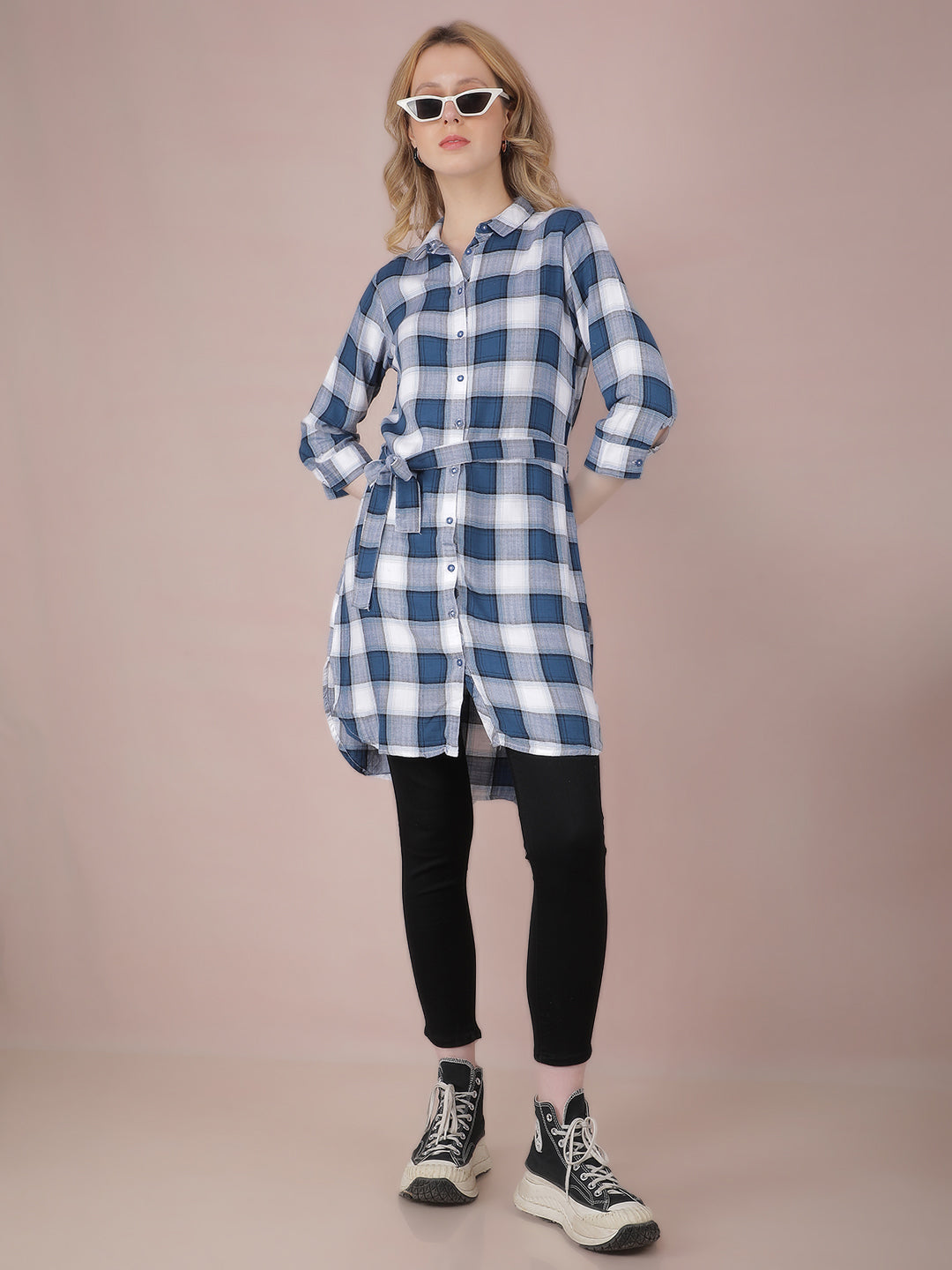 Navy Blue Checked Long Shirt With Fabric Belt Navy Blue Checked Long Shirt With Fabric Belt