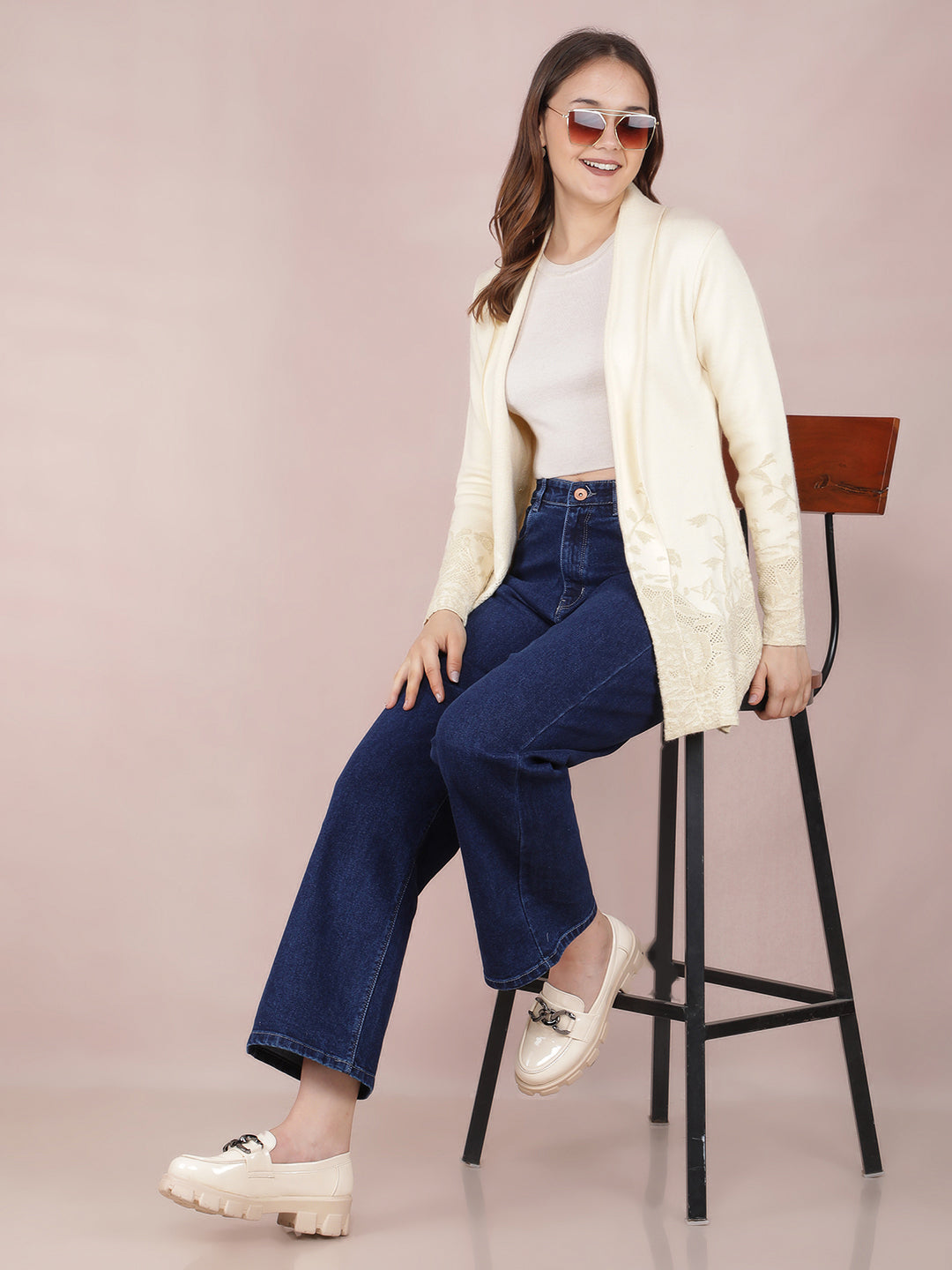 Cream Jacquard Long Length Shrug