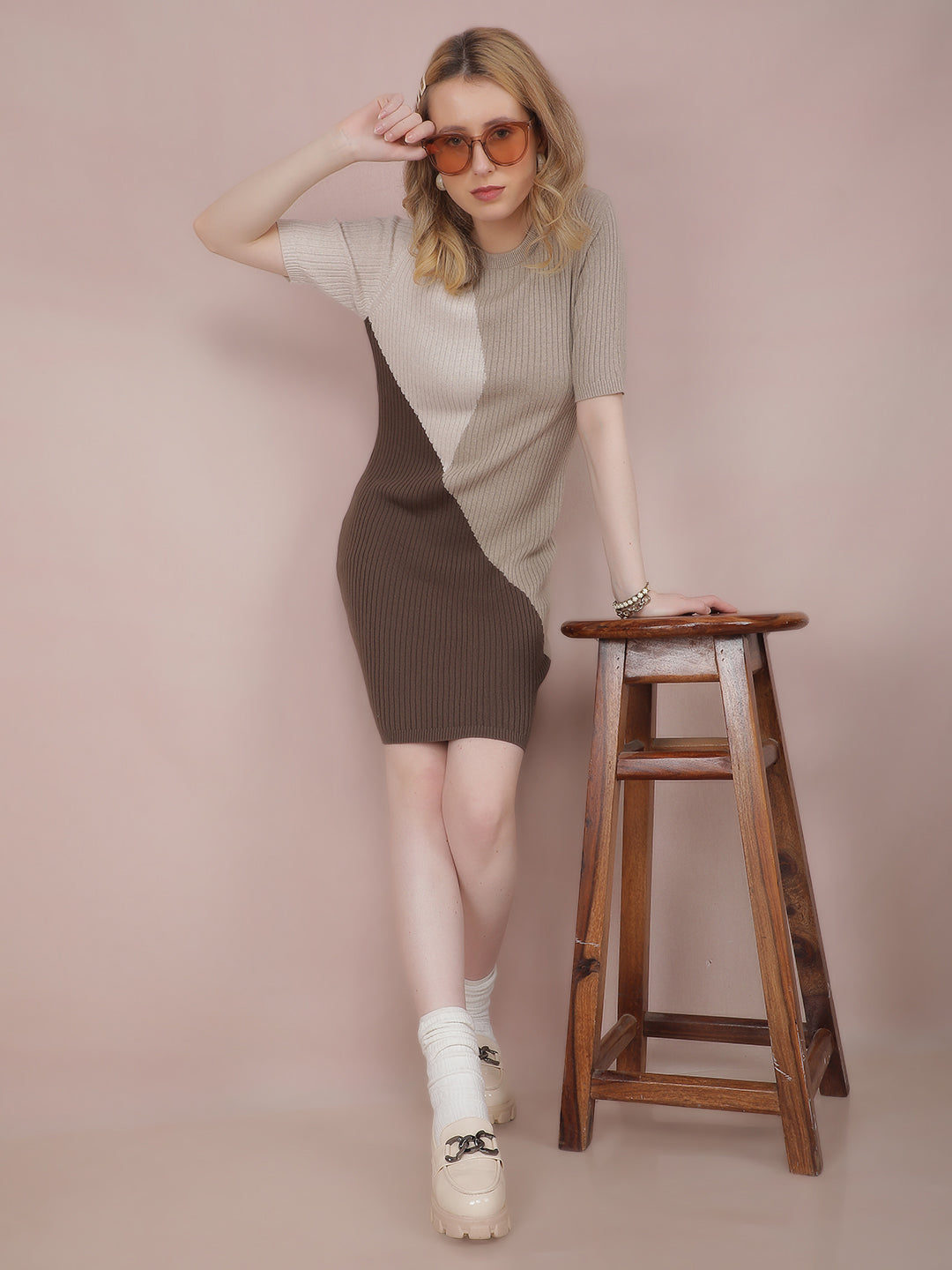 casual bodycon dress Ribbed Patchwork Colourblock defining design with a
