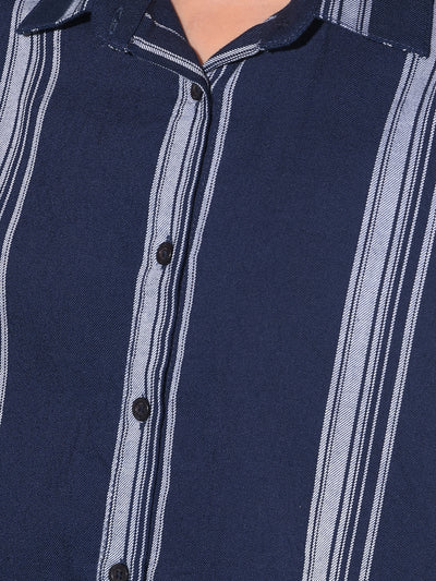 Navy Blue Vertical Striped Shirt-Girls Shirts-Crimsoune Club