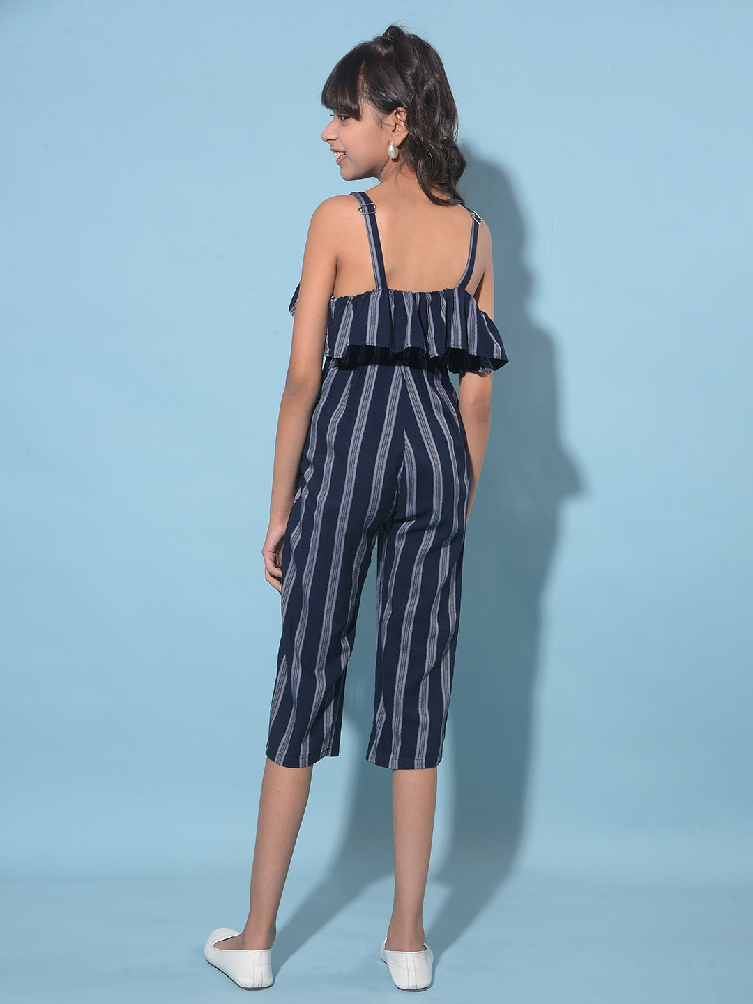 Navy Blue Vertical Striped Calf Length Jumpsuit-Girls Jumpsuits-Crimsoune Club