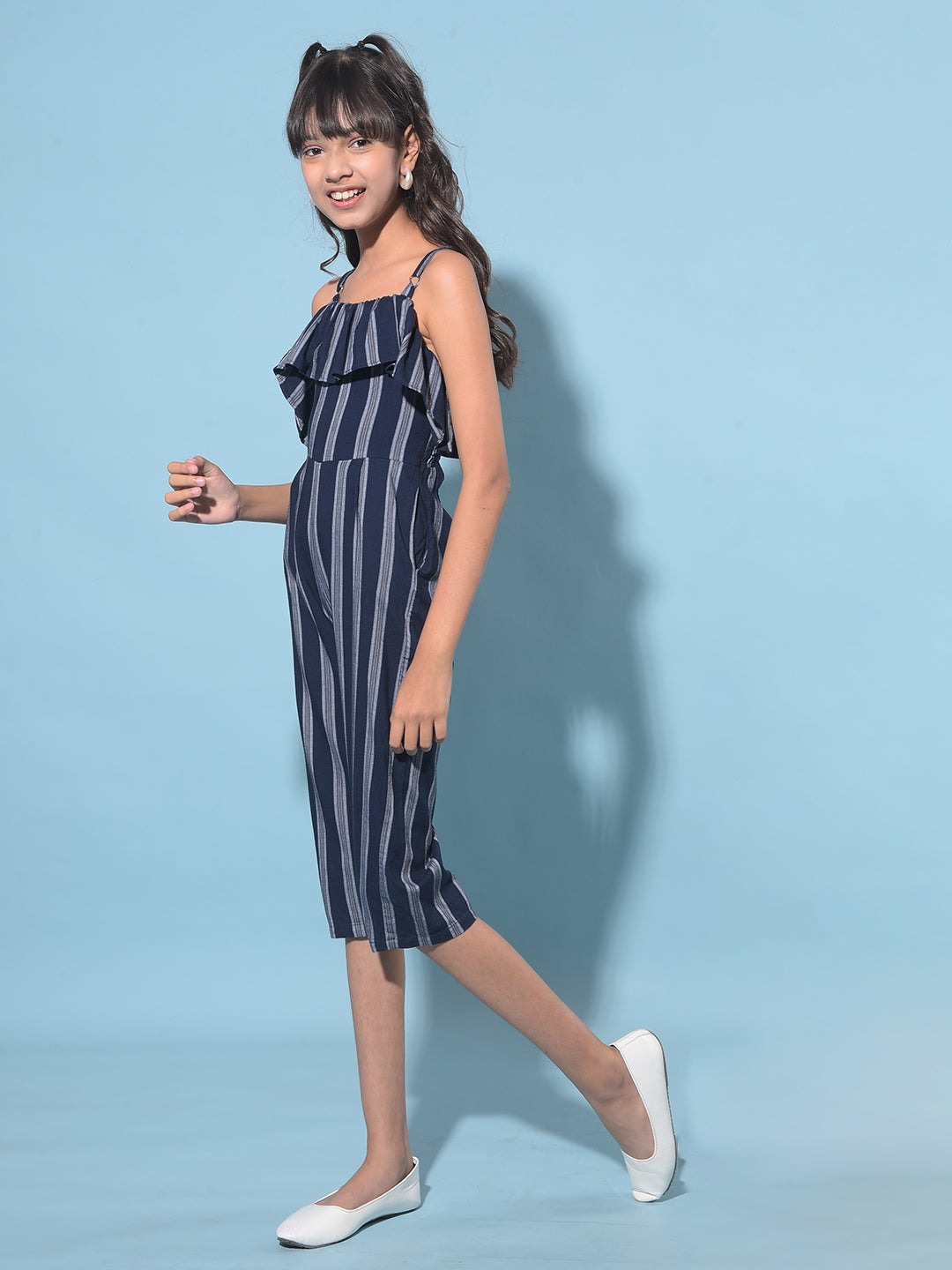 Navy Blue Vertical Striped Calf Length Jumpsuit-Girls Jumpsuits-Crimsoune Club