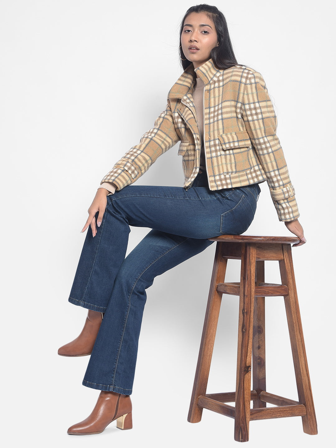 Brown Checked Crop Jackets