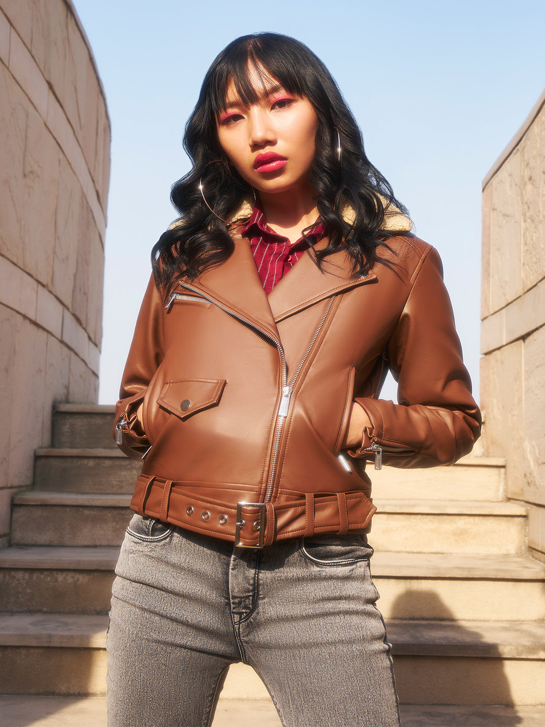 Brown Cropped Leather Jacket With Belt