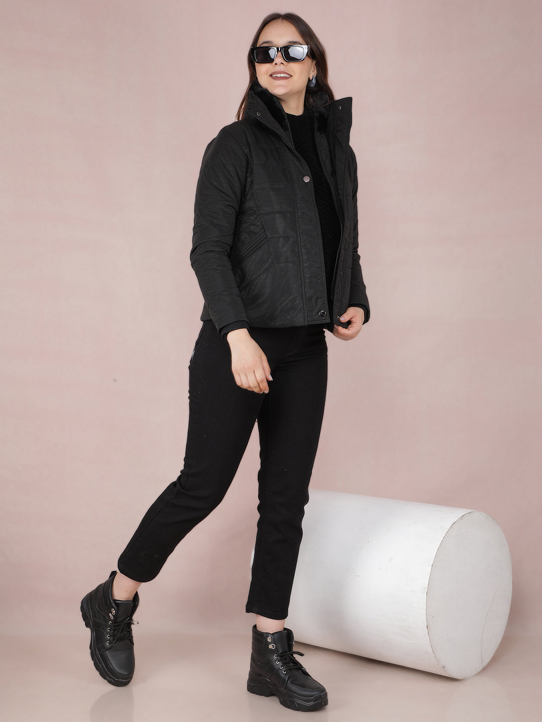 Black Jacquard High Neck Jacket - Main Image