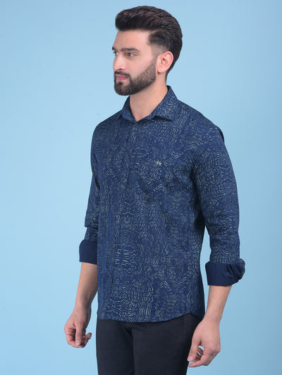 Printed Navy Blue 100% Cotton Shirt-Men Shirts-Crimsoune Club