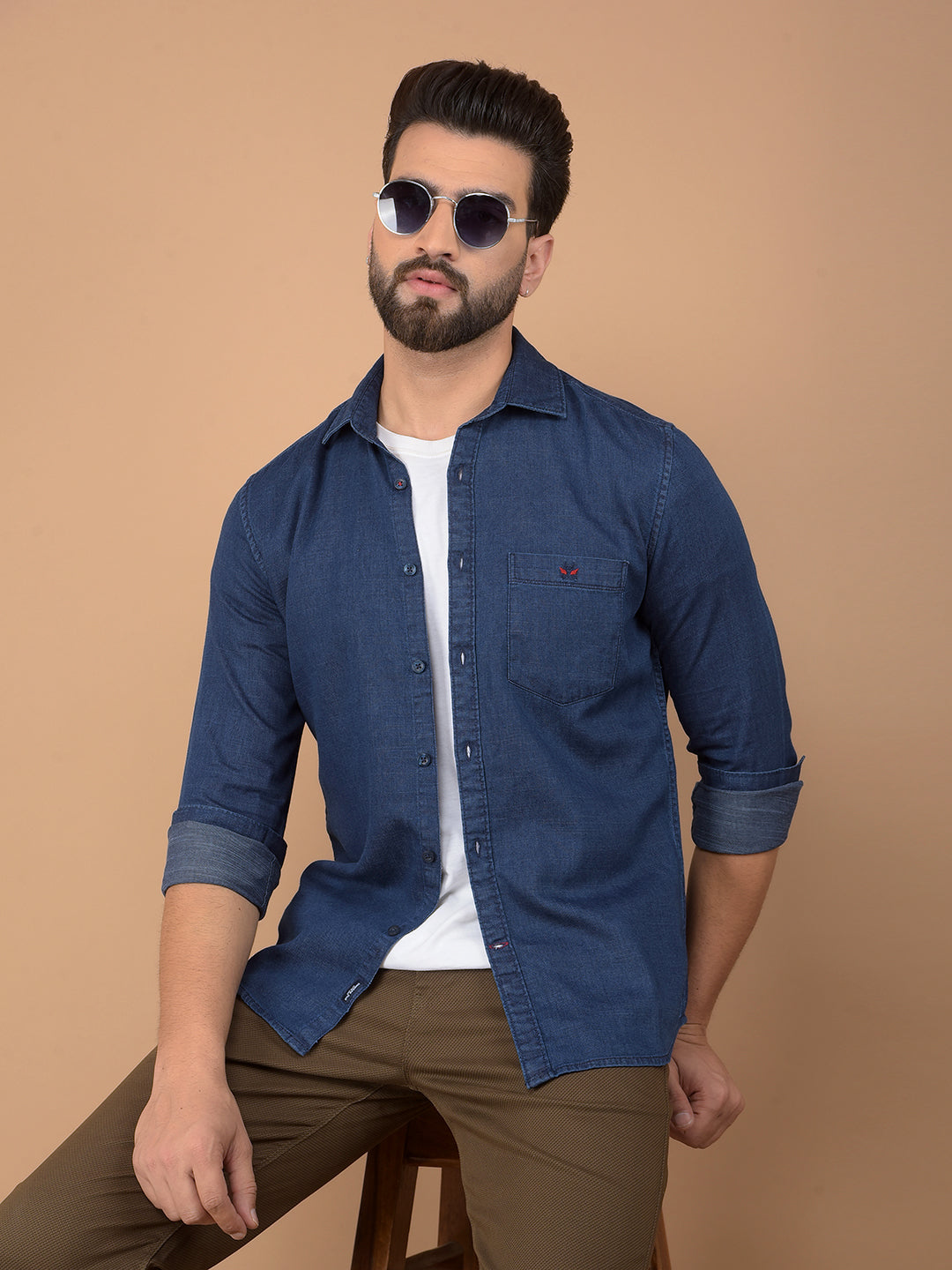 Blue 100% Cotton Denim Shirt – Crimsoune Club - Main Image