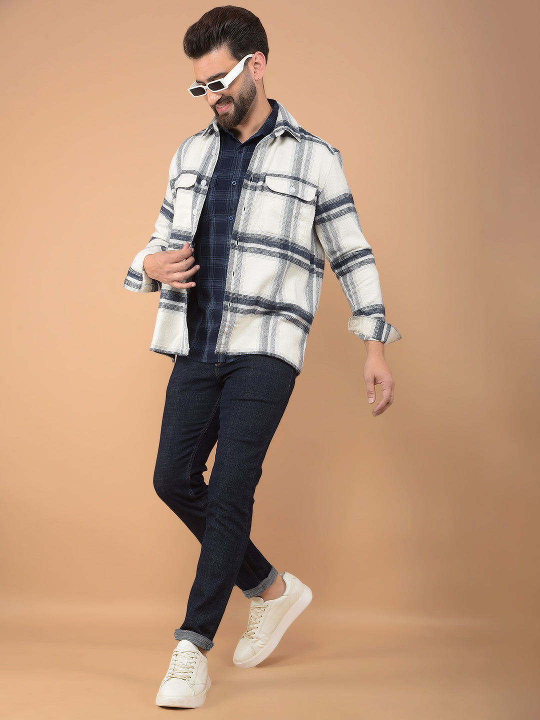 White Checked Knitted Double Pocket Shirt