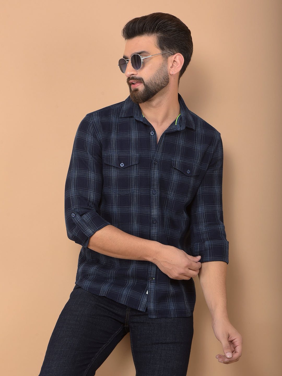Navy Blue Checked 100% Cotton Double Pocket Shirt