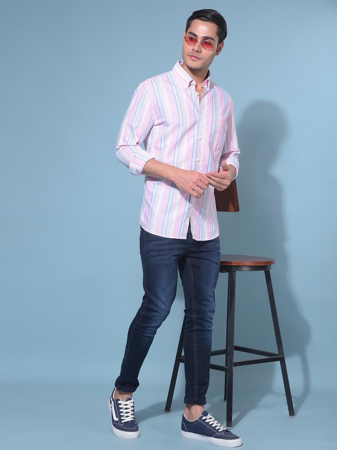 Peach Shirt With Blue Jeans Peach Vertical Striped 100% Cotton Shirt