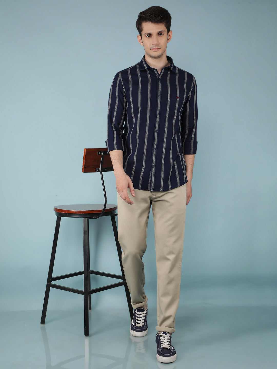 Navy Blue Vertical Stripes 100% Cotton Shirt