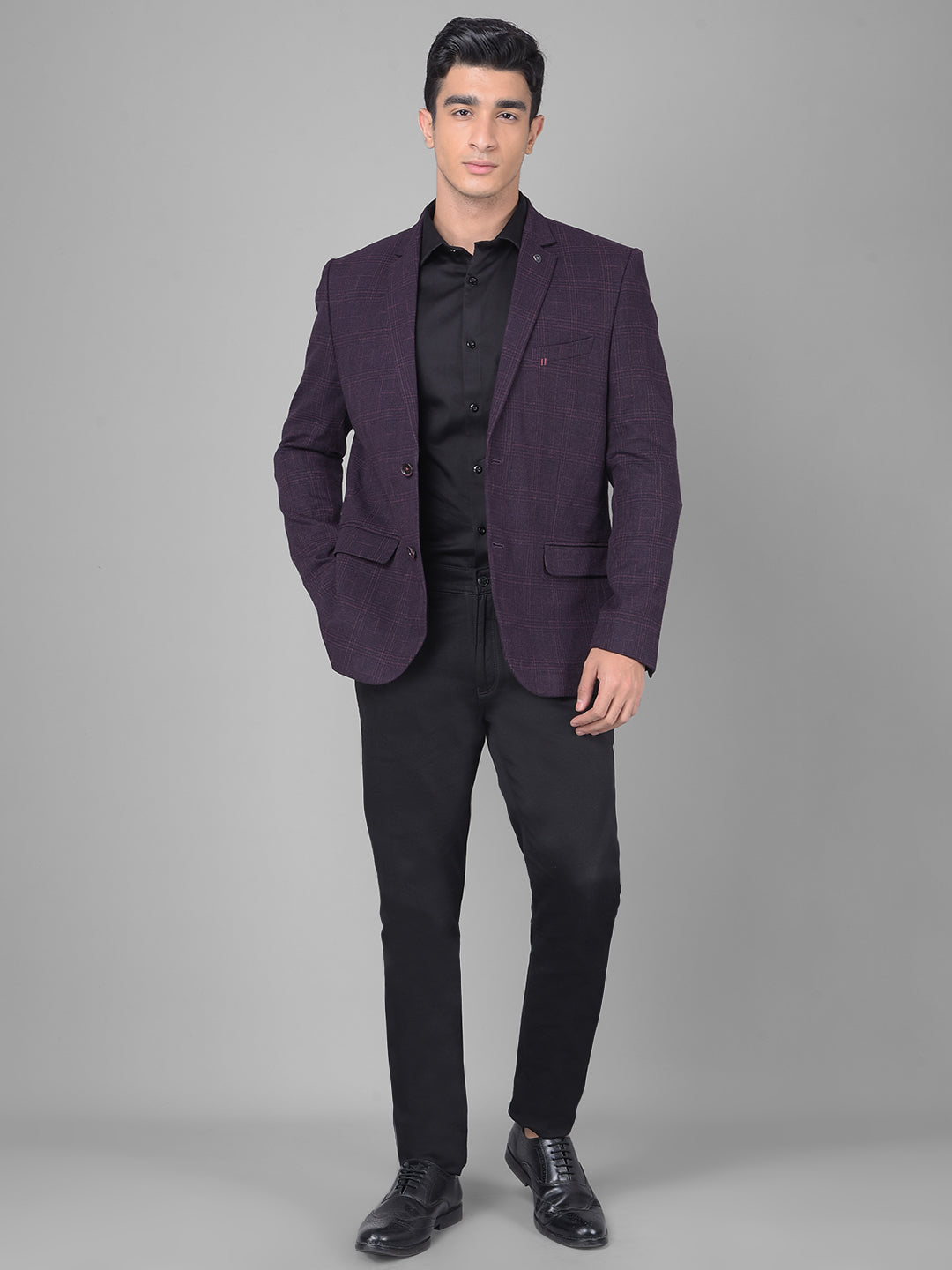 Wine Checked Single Breasted Blazer