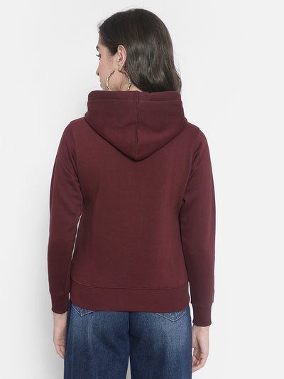 Maroon Printed Sweatshirt With Hood-Women Sweatshirts-Crimsoune Club