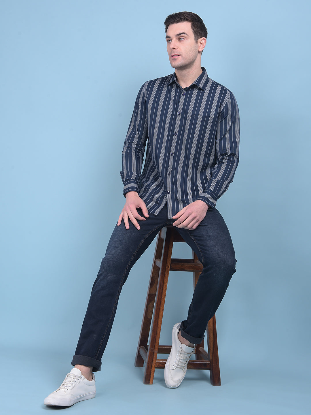 Navy Blue Vertical Striped 100% Cotton Shirt - Main Image