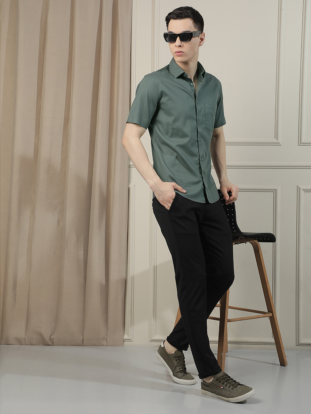 slim fit dress slacks Hisdern Wrinkle-Resistant Green Army Dress Shirt and Paisley Tie M