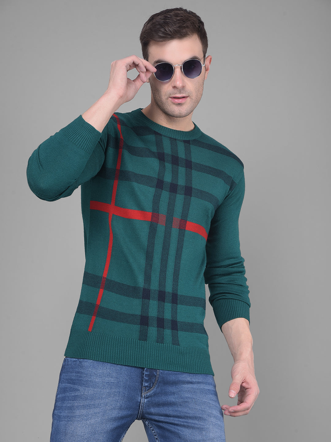 Green Self Design Sweater-Men Sweaters-Crimsoune Club