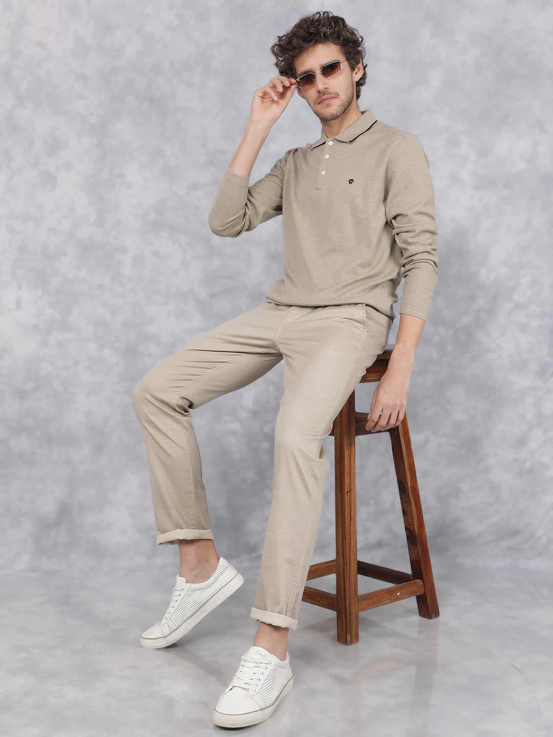 Beige Polo Neck Knitted Long Sleeves T-Shirt - Main Image