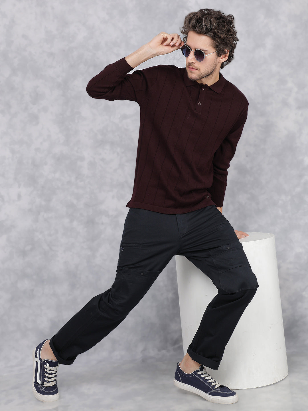 Wine Polo Neck Knitted 100% Cotton Long Sleeves T-Shirt
