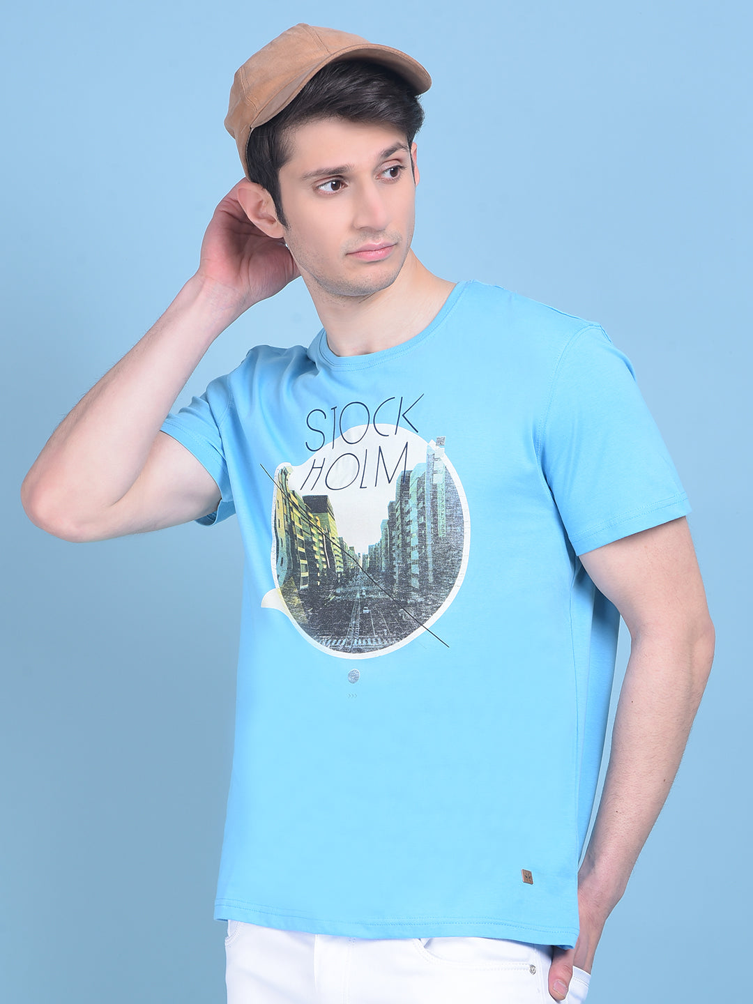 Blue Graphic Print Round Neck T-shirt-Men T-Shirts-Crimsoune Club