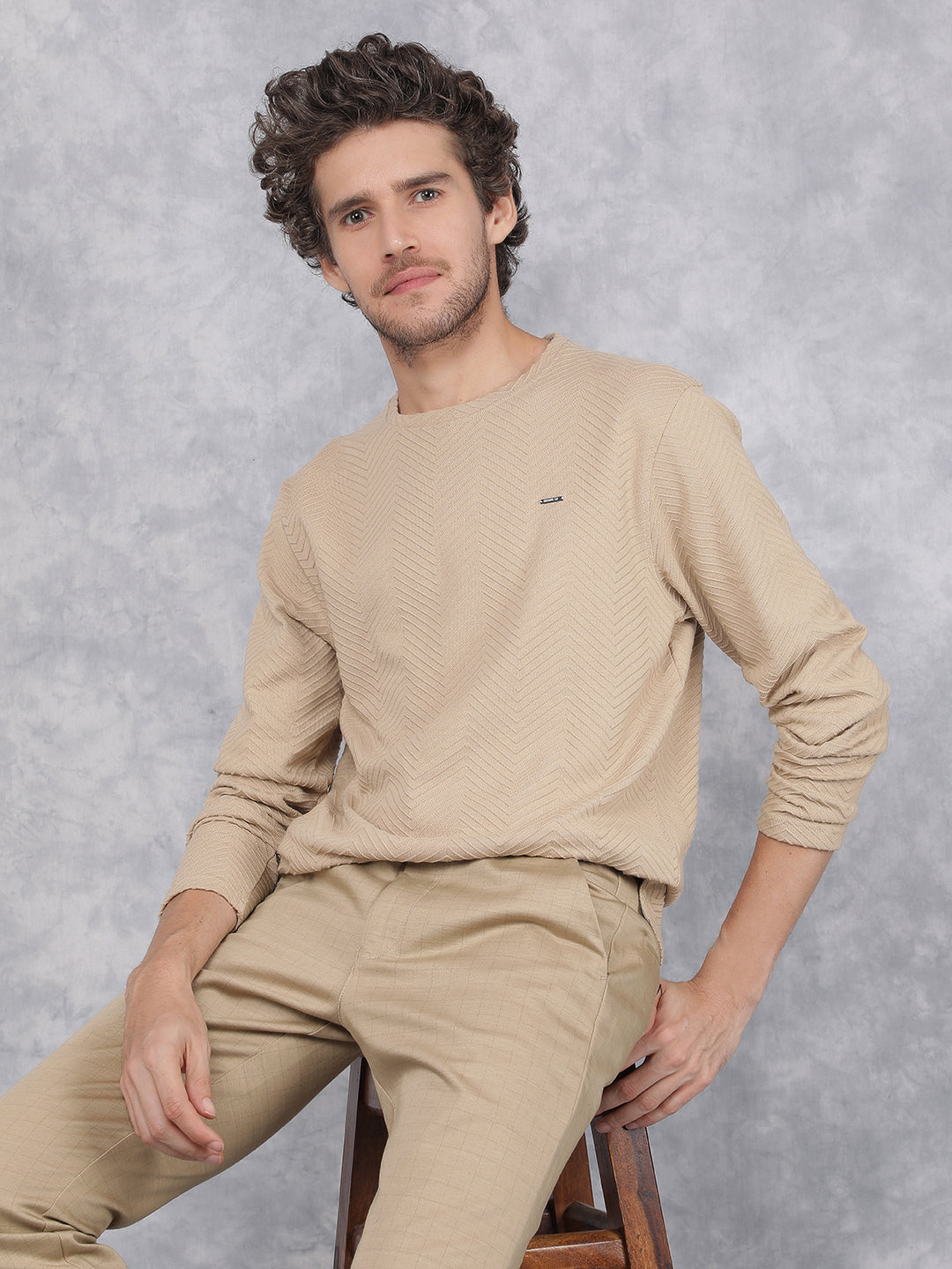 Khaki Jacquard Long Sleeves T-Shirt