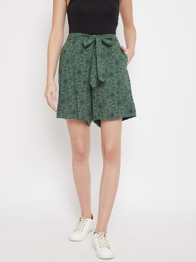 Green Printed tie-up Shorts - Women Shorts