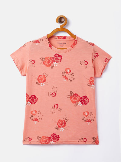 Peach Printed Round Neck T-Shirt - Girls T-Shirts