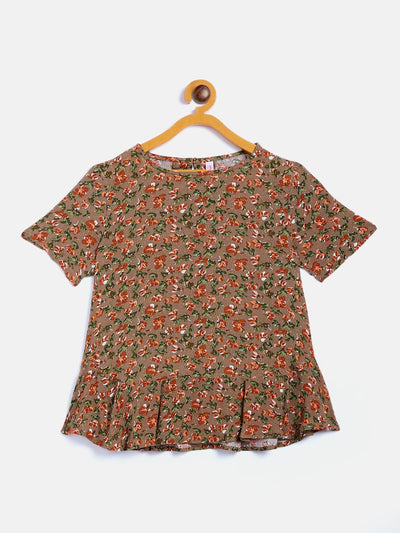 Brown Printed Round Neck Top - Girls Tops