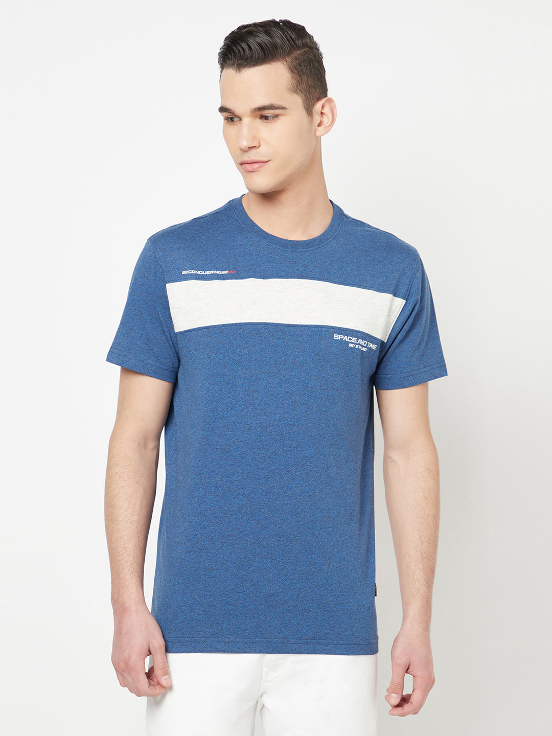 Blue Colourblocked Round Neck T-Shirt - Men T-Shirts