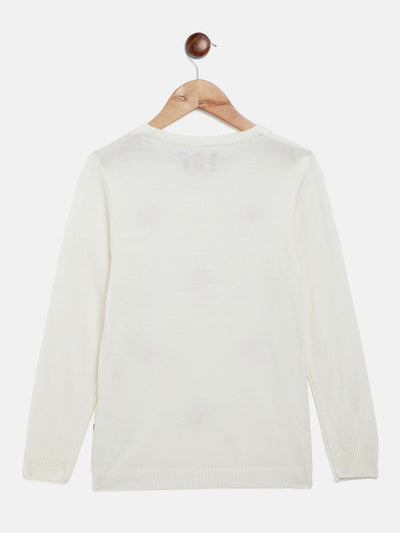 Off White Self Design Round Neck Sweater - Girls Sweaters