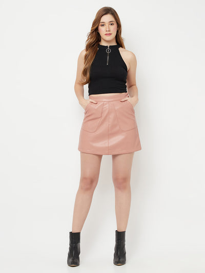 Pink Mini A-Line Leather Skirt - Women Skirts
