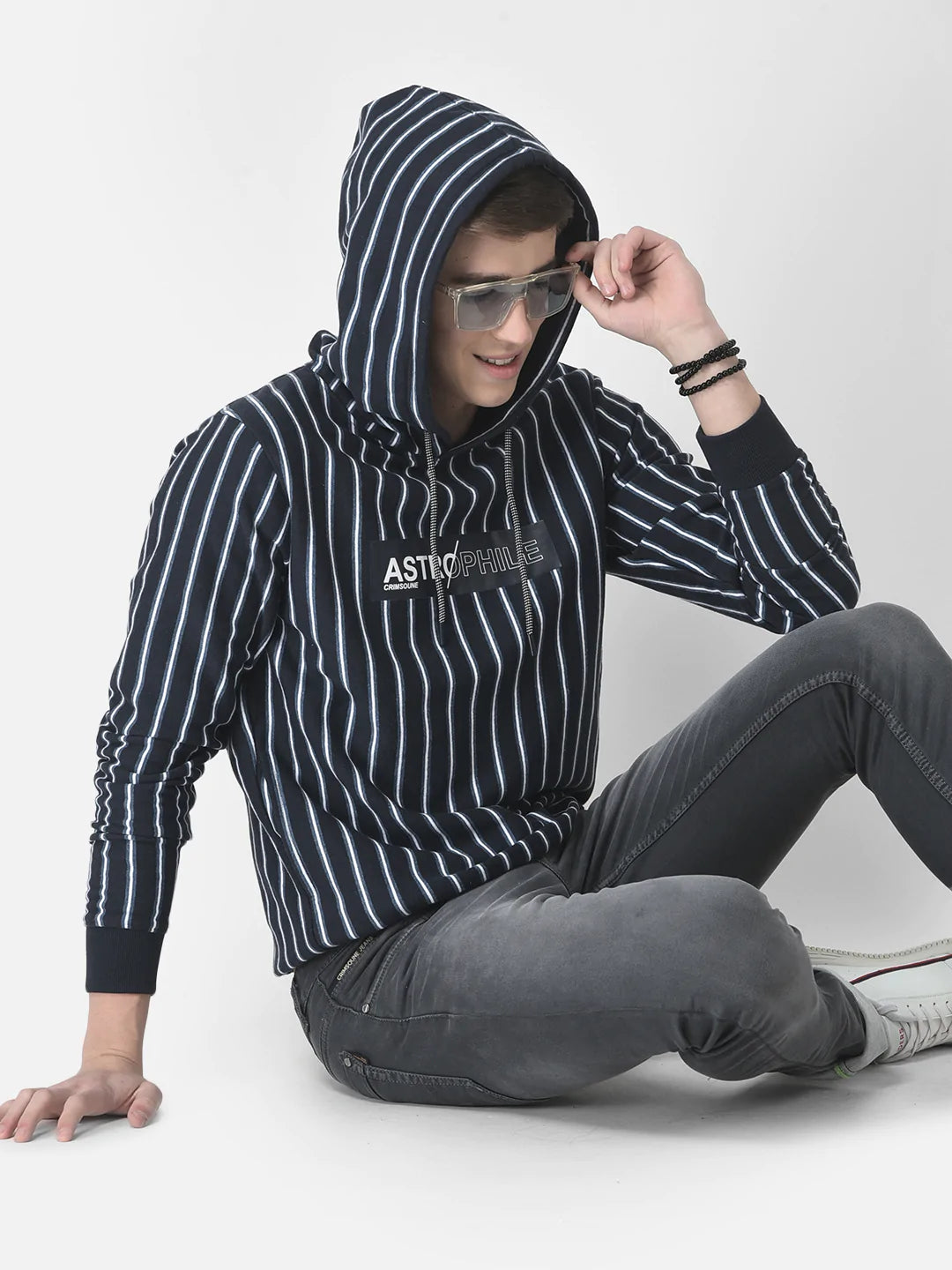Black and blue striped hoodie sale