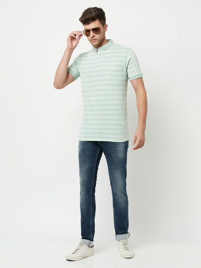 Green Striped Polo T-Shirt-Men T-Shirts-Crimsoune Club