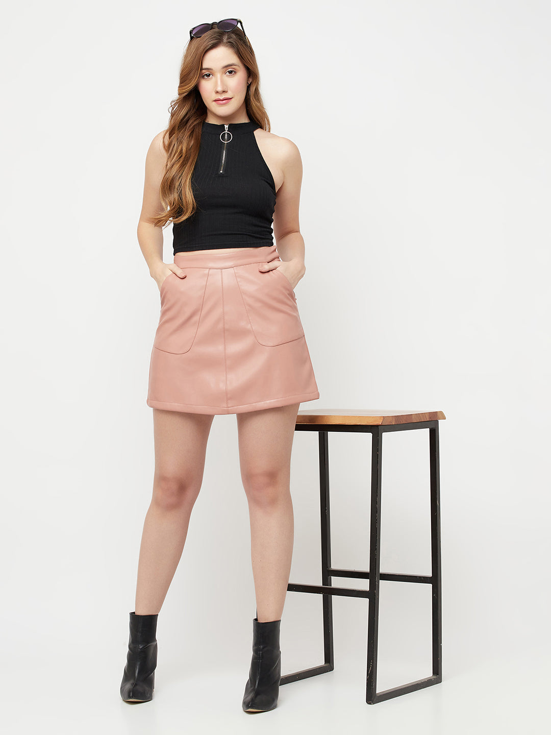 Pink a-line leather skirt hotsell