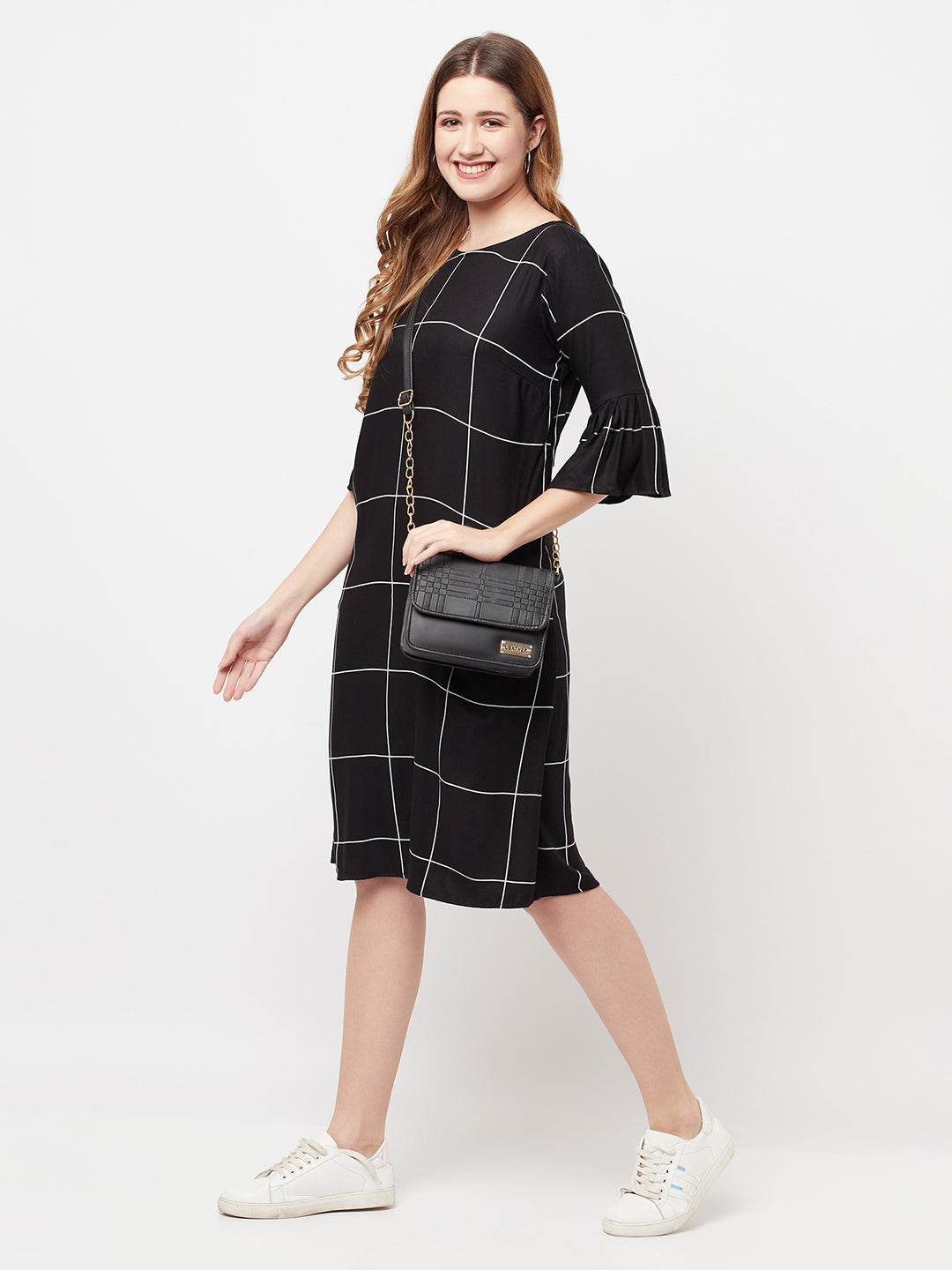 Black Checked Knee Length Dress