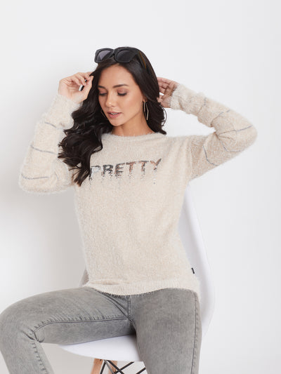 Beige Self Design Round Neck Sweater - Women Sweaters