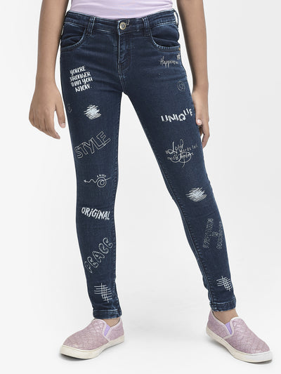 Navy Blue Printed Jeans