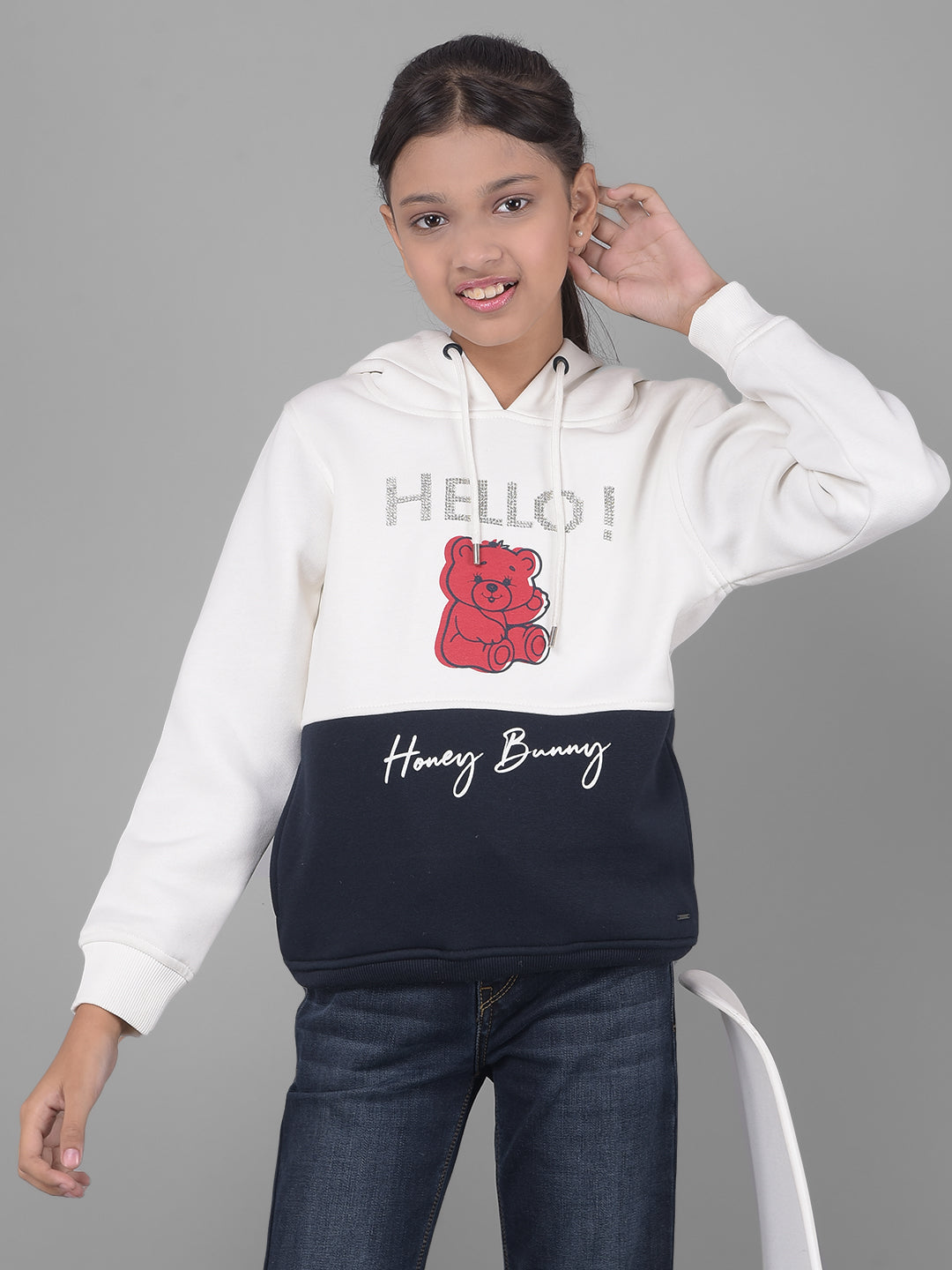 White Printed Hooded Sweatshirt-Girls Sweatshirts-Crimsoune Club